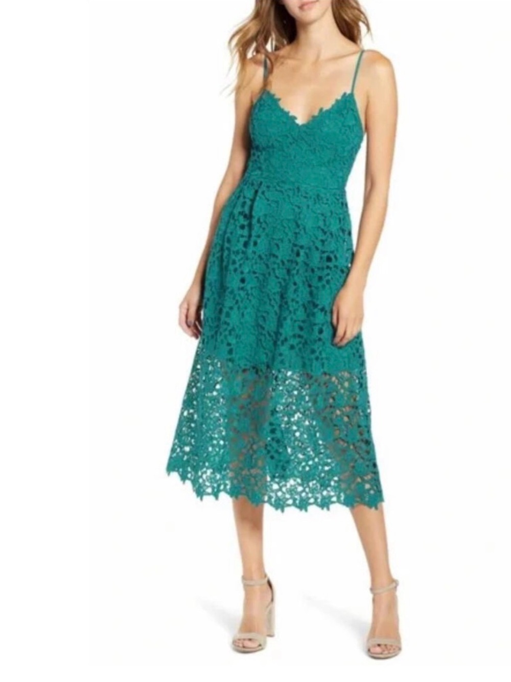 Astr the Label Lace Midi Dress Teal M wedding guest cocktail semi formal